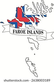 The map of Faroe Islands overlaid by the Faroe Islands flag and with its name on a ribbon