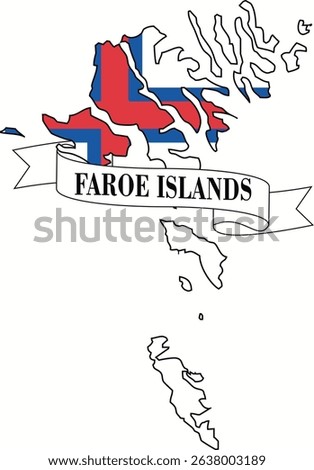 The map of Faroe Islands overlaid by the Faroe Islands flag and with its name on a ribbon