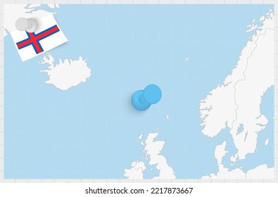 Map of Faroe Islands with a pinned blue pin. Pinned flag of Faroe Islands, vector illustration.