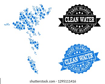 Map of Faroe Islands vector mosaic and clean water grunge stamp. Map of Faroe Islands created with blue liquid raindrops. Seal with unclean rubber texture for clean drinking water.