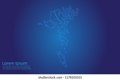Map of faroeIslands - With glowing point and lines scales on the dark gradient background.faroe Islands map with country borders, thin Blue outline on Dark background.