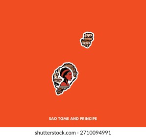 Eine Karte von São Tomé und Príncipe mit ethnischen Mustern und einer weiblichen Silhouette - lebendige Inselkunst mit afrikanischem Charakter.
