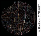 Map of FederalWay, Washington with all major and minor roads, railways and waterways. Colorful line art on black background.