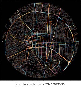 Map of FeiradeSantana with all major and minor roads, railways and waterways. Colorful line art on black background.