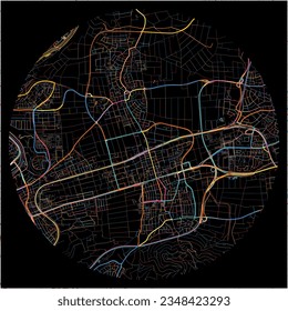 Map of Fellbach, Baden-Wuerttemberg with all major and minor roads, railways and waterways. Colorful line art on black background.