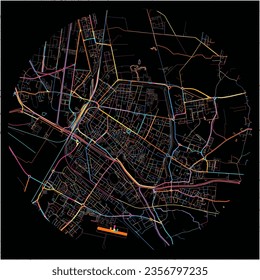 Map of Ferrara, Emilia-Romagna with all major and minor roads, railways and waterways. Colorful line art on black background.