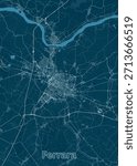 Map of Ferrara, Italy, rendered in shades of blue. The city
