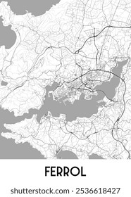 Mapa de Ferrol, España, mostrando el trazado de la ciudad y la red de carreteras. El mapa presenta una prominente masa de agua, probablemente una bahía o puerto, con una red de carreteras y calles