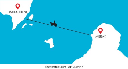 Map of Ferry route of Merak, Banten and Bakauheni, Lampung which is connecting Java Island and Sumatera Island with location icon