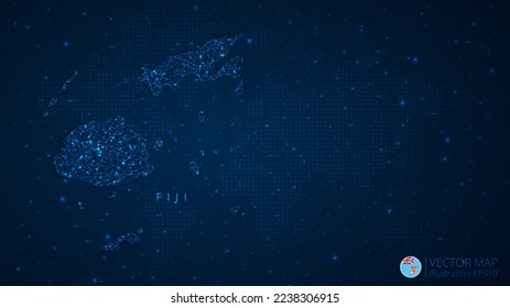 Map of Fiji modern design with polygonal shapes on dark blue background. Business wireframe mesh spheres from flying debris. Blue structure style vector illustration concept.