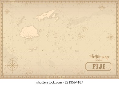 Map of Fiji in the old style, brown graphics in retro fantasy style.