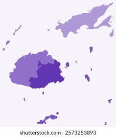 Map of Fiji with regions. Just a simple country border map with region division. Deep purple color palette. Blank Republic of Fiji shape with administrative division. Vector illustration.