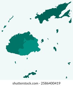 Map of Fiji with regions. Just a simple country border map with region division. Teal color palette. Flat Republic of Fiji shape with administrative division. Vector illustration.