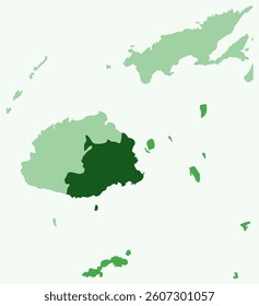 Map of Fiji with regions. Just a simple country border map with region division. Green color palette. Blank Republic of Fiji shape with administrative division. Vector illustration.