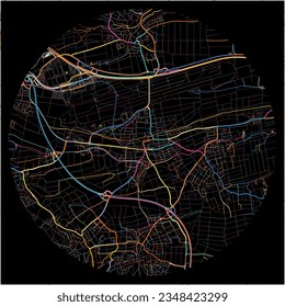 Map of Filderstadt, Baden-Wuerttemberg with all major and minor roads, railways and waterways. Colorful line art on black background.