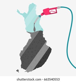Map of Finland being fueled by oil. Gas pump fueled map. On the map there is glass reflection. Conceptual. Oil producing or importing countries.