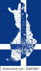 Map of Finland in colors of the Finnish flag. Colors of flag are proper. Rivers and lakes are shown.