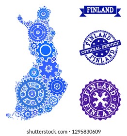 Map of Finland composed with blue wheel symbols, and isolated rubber watermarks for official repair services. Vector abstract mosaic of map of Finland with job symbols in blue hues.