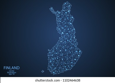 A map of Finland consisting of 3D triangles, lines, points, and connections. Vector illustration of the EPS 10.