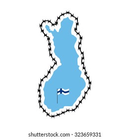 Map Of Finland. Country closes border against refugees. Map of States with barbed wire. European country protects its borders. Finnish Flag. Surrounded by perimeter fence