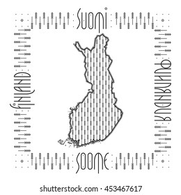 Map of Finland with decorative borders, geometric pattern, country names in English, Finnish, Russian, and Estonian in Nordic art deco style. Concept for a Visit Finland brochure. Vector illustration.