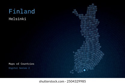 A map of Finland depicted in zeros and ones in the form of a circle. The capital, Helsinki, is shown in the center of the circle	
