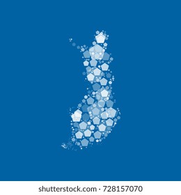 map of finland filled with white pentagons of different sizes and degrees of transparency on a blue background