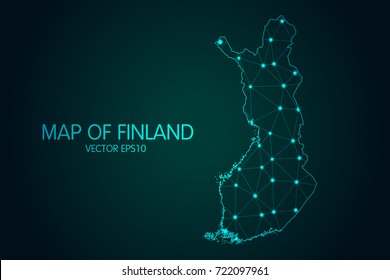 Map of Finland - With glowing point and lines scales on the dark gradient background, 3D mesh polygonal network connections.Vector illustration eps 10.
