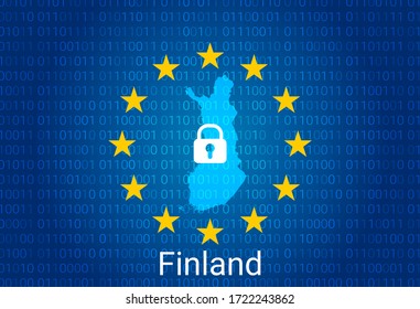 Map of Finland, with lock and binary code background. europe union internet blocking, virus attack, privacy protect. vector illustration