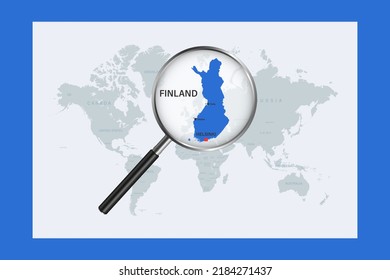 Map of Finland on political world map with magnifying glass