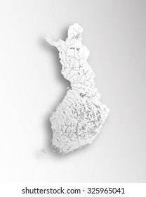 Map of Finland with paper cut effect. Rivers and lakes are shown.