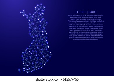Map of Finland from polygonal blue lines and glowing stars vector illustration