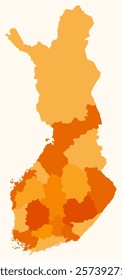 Map of Finland with regions. Just a simple country border map with region division. Orange color palette. Flat Republic of Finland shape with administrative division. Vector illustration.