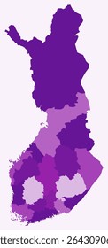 Map of Finland with regions. Just a simple country border map with region division. Purple color palette. Plain Republic of Finland shape with administrative division. Vector illustration.