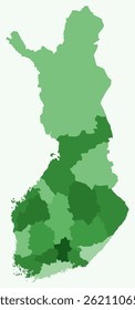 Map of Finland with regions. A simple country border map with regional divisions. Green color palette. Flat vector illustration of the Republic of Finland with administrative divisions.