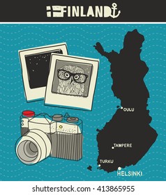 Map of Finland and retro photos. Vector illustration.