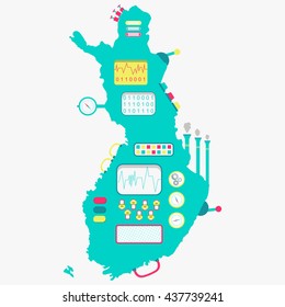 Map of Finland shaped machine. Cute finnish engine with buttons, panels and levers. Isolated. White background.