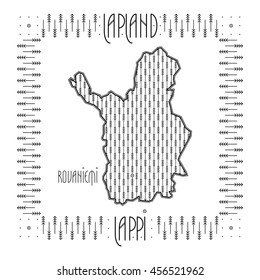 Map of Finnish Lapland region with names of the region and its main city in English and Finnish. Concept for a Visit Finland brochure in Nordic art deco style. Vector illustration.