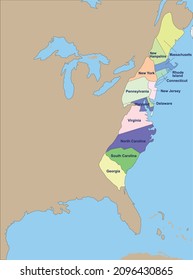 Map of the first 13 colonies formed in the Americas