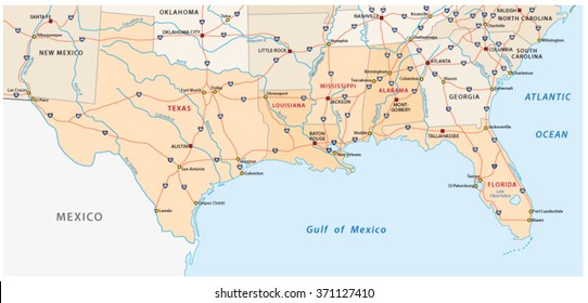 Map Of The Five US States On The Gulf Of Mexico