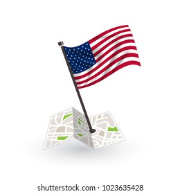 Map with flag of America isolated on white. National flag for country of America isolated, banner for your web site design logo, app, UI. check in. map Vector illustration, EPS10.