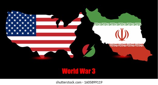 Map and flag of american and Iran, World war​ 3, USA and Iran, Thunder icon. american flag, Iran flag, Vector illustration
