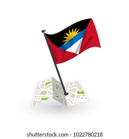 Map with flag of Antigua and Barbuda isolated on white. National flag for country of Antigua and Barbuda isolated, banner for your web site design logo, app, UI. check in. map Vector illustration 