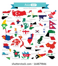 Map. Flag of Asia. vector Illustration.