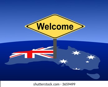 map and flag of Australia with giant welcome sign