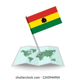Map with flag of Bolivia isolated on white. National flag for country of Bolivia isolated, banner for your web site design logo, app, UI. check in. map Vector illustration, EPS10.