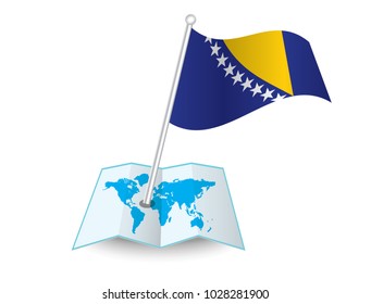 Map with flag of Bosnia and Herzegovina isolated on white. National flag for country of Bosnia and Herzegovina isolated,banner for your web site design logo, app, UI.check in. map Vector illustration