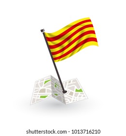 Map with flag of Catalunya isolated on white. National flag for country of Catalunya isolated, banner for your web site design logo, app, UI. check in. map Vector illustration, EPS10.