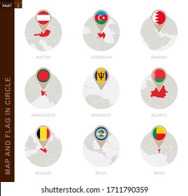 Map and Flag in a circle of 9 Countries: Austria, Azerbaijan, Bahrain, Bangladesh, Barbados, Belarus, Belgium, Belize, Benin