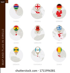 Map and Flag in a circle of 9 Countries: Gambia, Georgia, Germany, Ghana, Gibraltar, Greece, Grenada, Guatemala, Guinea